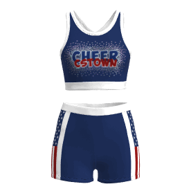 blue and white sublimated practice cheerleading uniforms