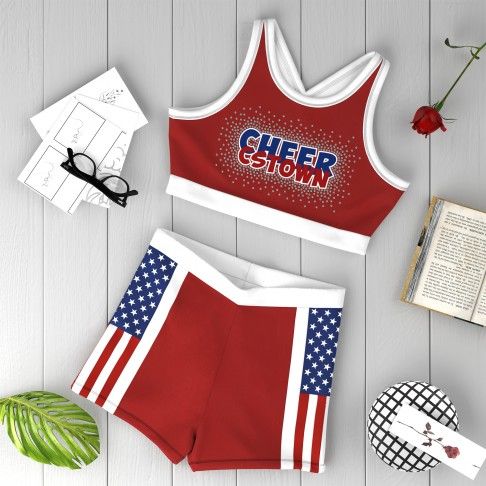 blue and white sublimated practice cheerleading uniforms red 1