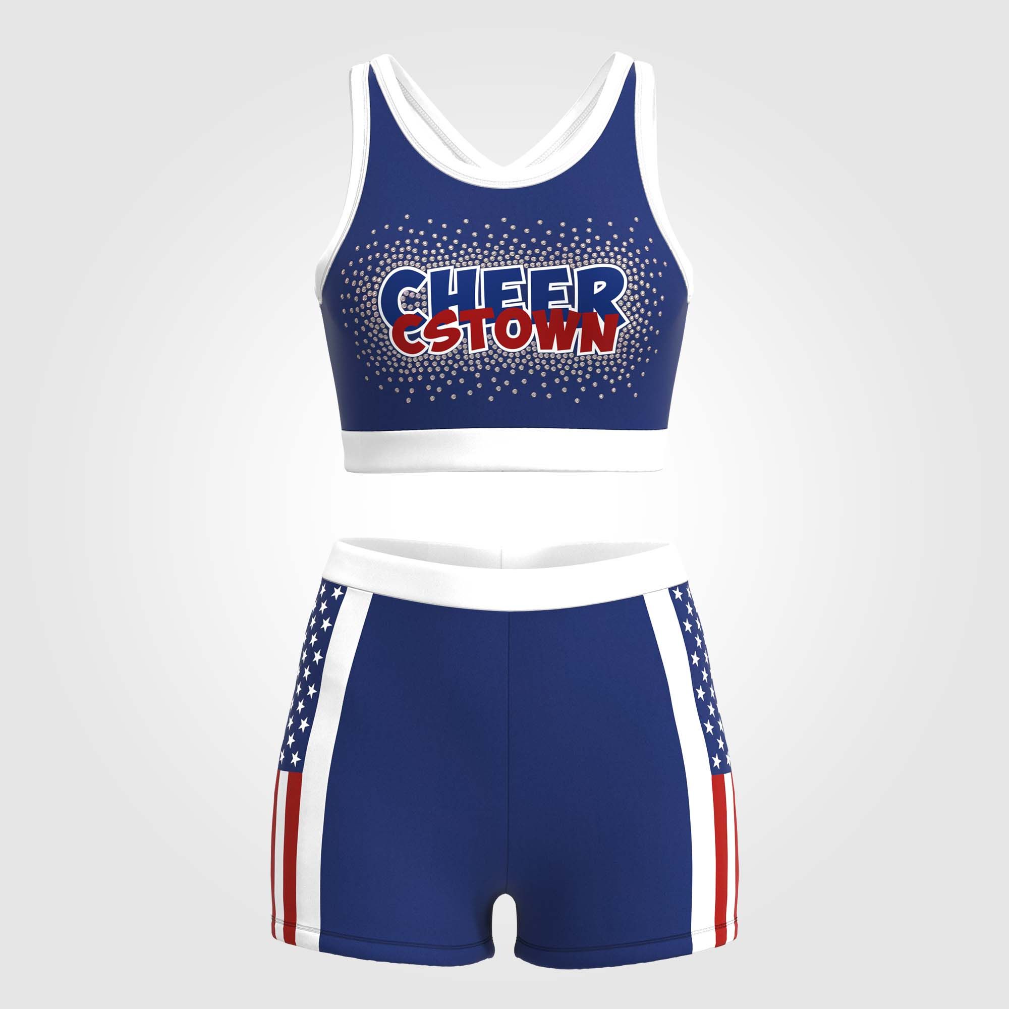 blue and white sublimated practice cheerleading uniforms