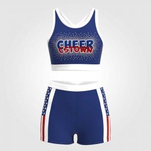 blue and white sublimated practice cheerleading uniforms