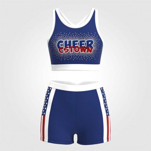 blue and white sublimated practice cheerleading uniforms white 2