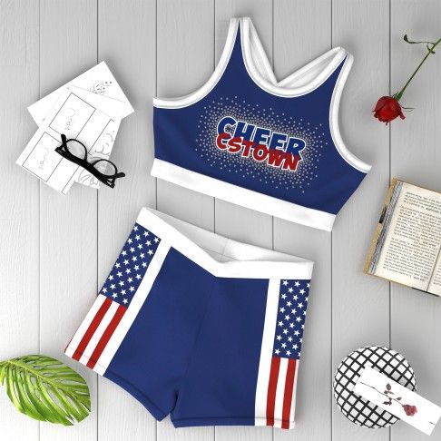 blue and white sublimated practice cheerleading uniforms white 1