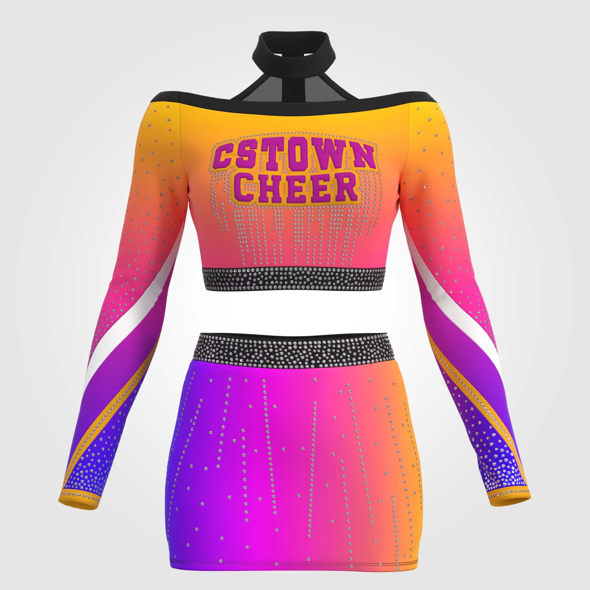 long sleeve purple and gold female cheerleader costume