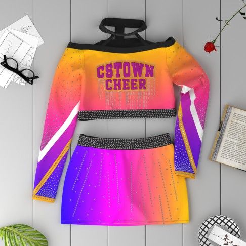 long sleeve purple and gold female cheerleader costume pink 1