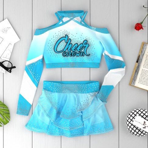 long sleeve blue and white cheerleading competition uniforms blue 6