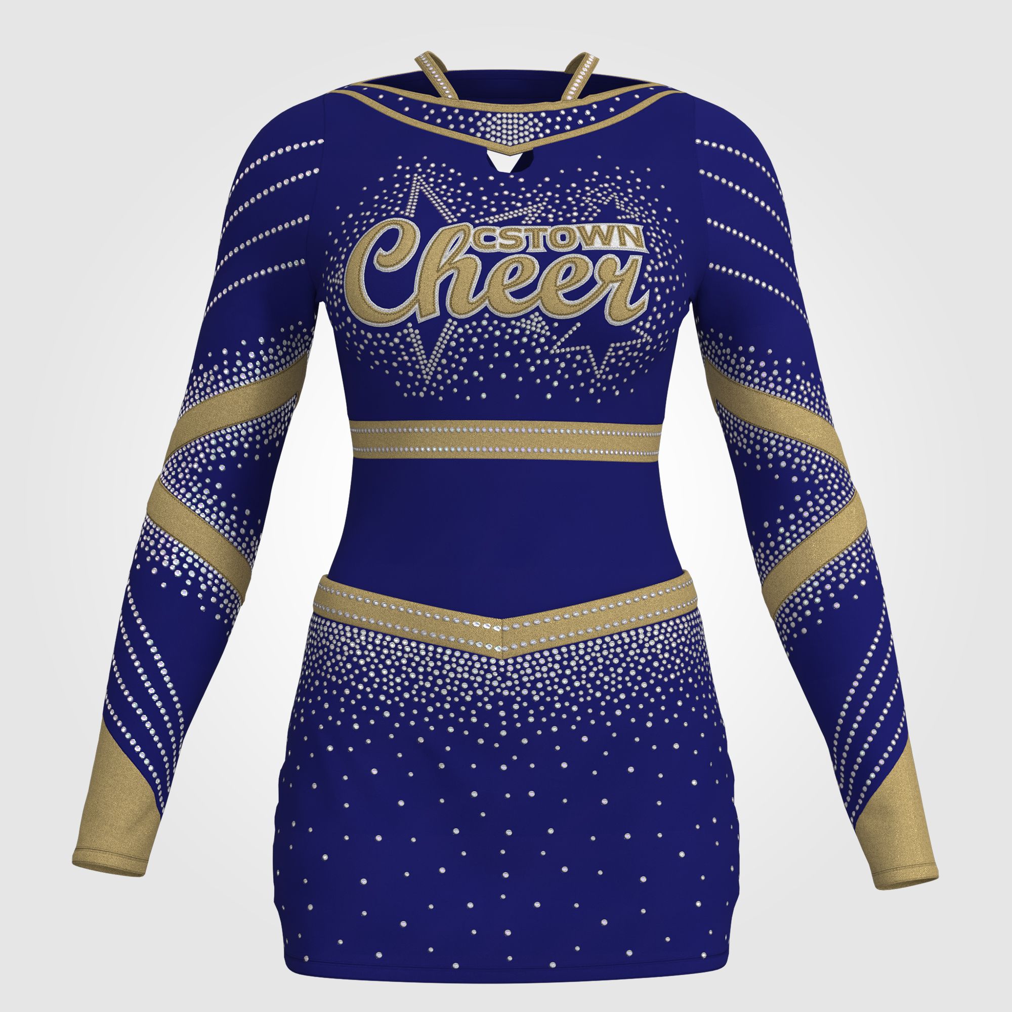 custom blue and gold cheerleading uniforms