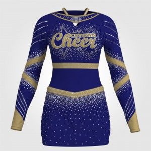 custom blue and gold cheerleading uniforms